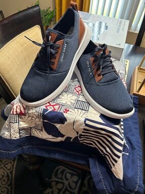 Cole Haan Navy Knit Sneakers with Brown Trim and White Sole